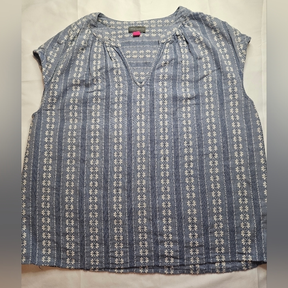 Vince Camuto Womens Blue And White Lightweight Cap Sleeve Top Size Petite Medium